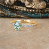 1 Carat Oval Cut Classic Moss Agate Promise Ring Pave Setting